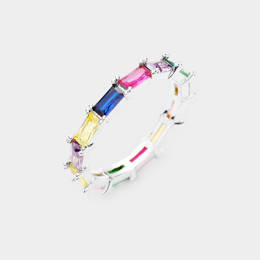 Rhodium Plated Colorful Rainbow CZ Ring - 8
