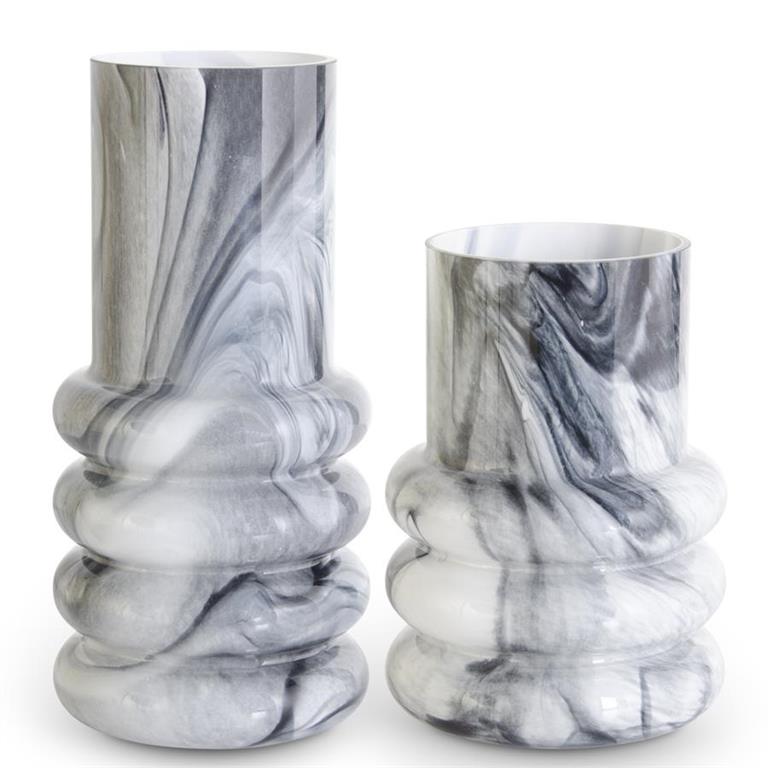Glass White & Smokey Black Marbled Ribbed Glass Vases (Set of 2 ...