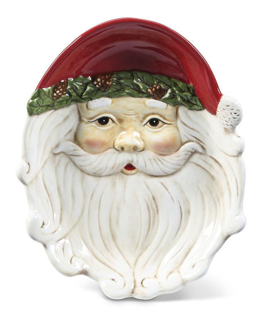 Santa Face Ceramic Deep Plate / Bowl with Red Hat & Pinecone Trim
