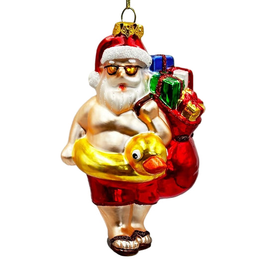 Santa in the Duck Pool Float Christmas Tree Glass Ornament