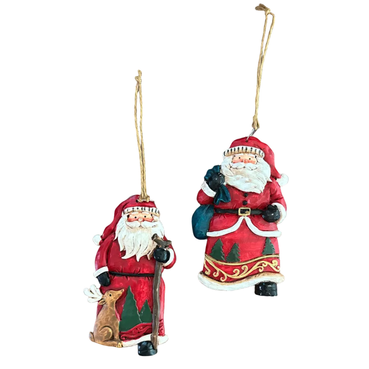 Two Santa Claus hanging ornaments in red and green holiday attire, each with a gold hanging loop, shown on a plain white background.