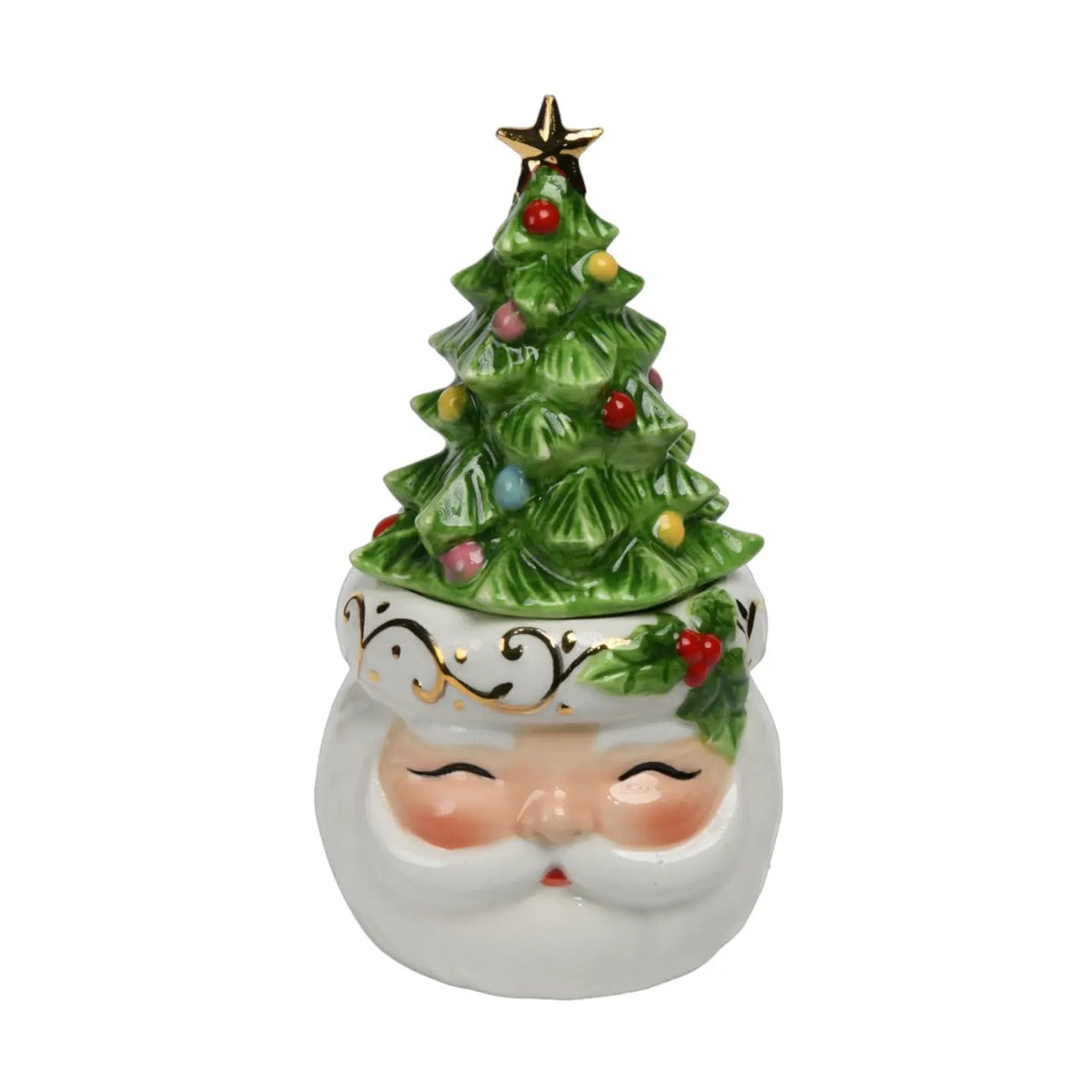Santa and Christmas Tree magnetic salt and pepper shaker set stacks into a festive holiday display with colorful ornaments, holly and charming gold details.