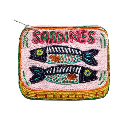 Beaded pouch with 'Sardines' text and fish illustration on a pink background