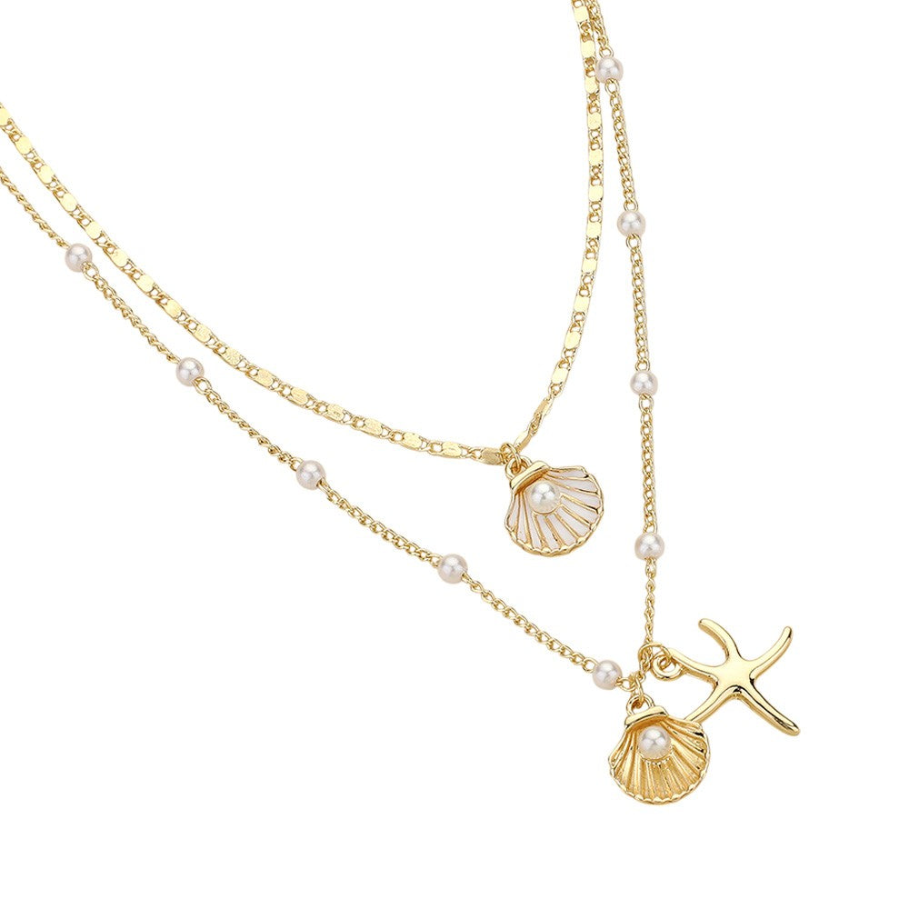 Pearl Scallop Shell Starfish Pendant Layered Necklace