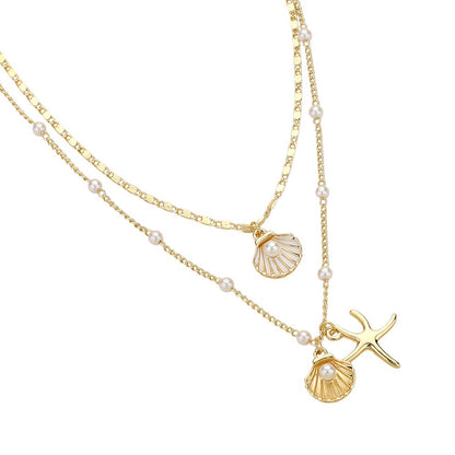 Pearl Scallop Shell Starfish Pendant Layered Necklace