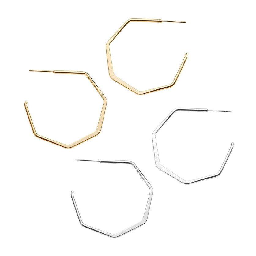 Set of gold or silver geometric hoop earrings on a white background