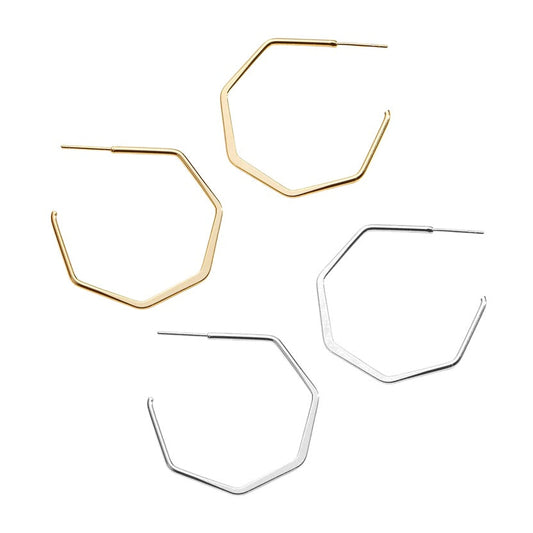 Set of gold or silver geometric hoop earrings on a white background