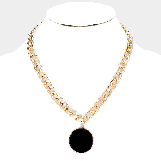 Semi Precious Pendant Metal Chain Link Necklace (Black & Gold)