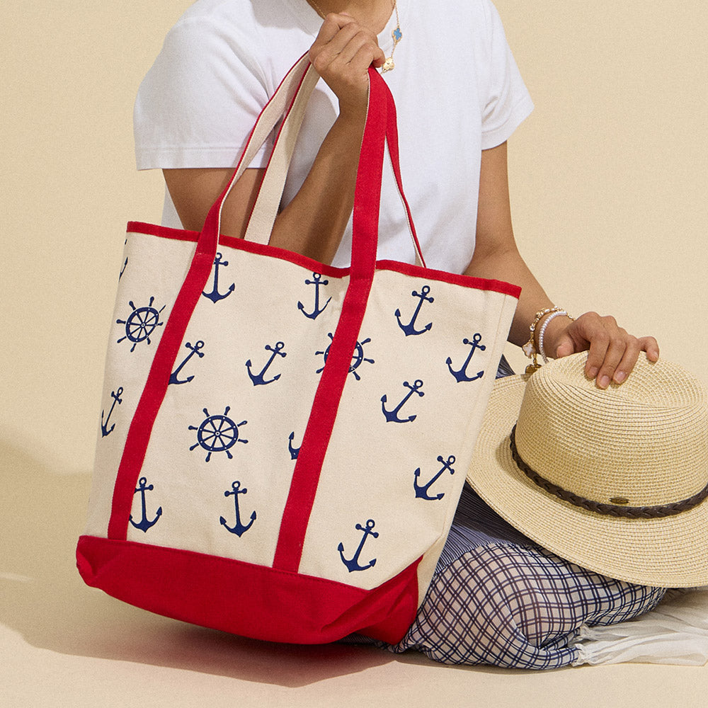 Nautical Anchor & Ships Wheel Beach Tote Bag