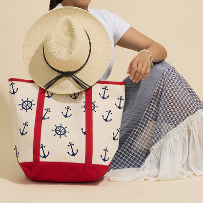 Nautical Anchor & Ships Wheel Beach Tote Bag