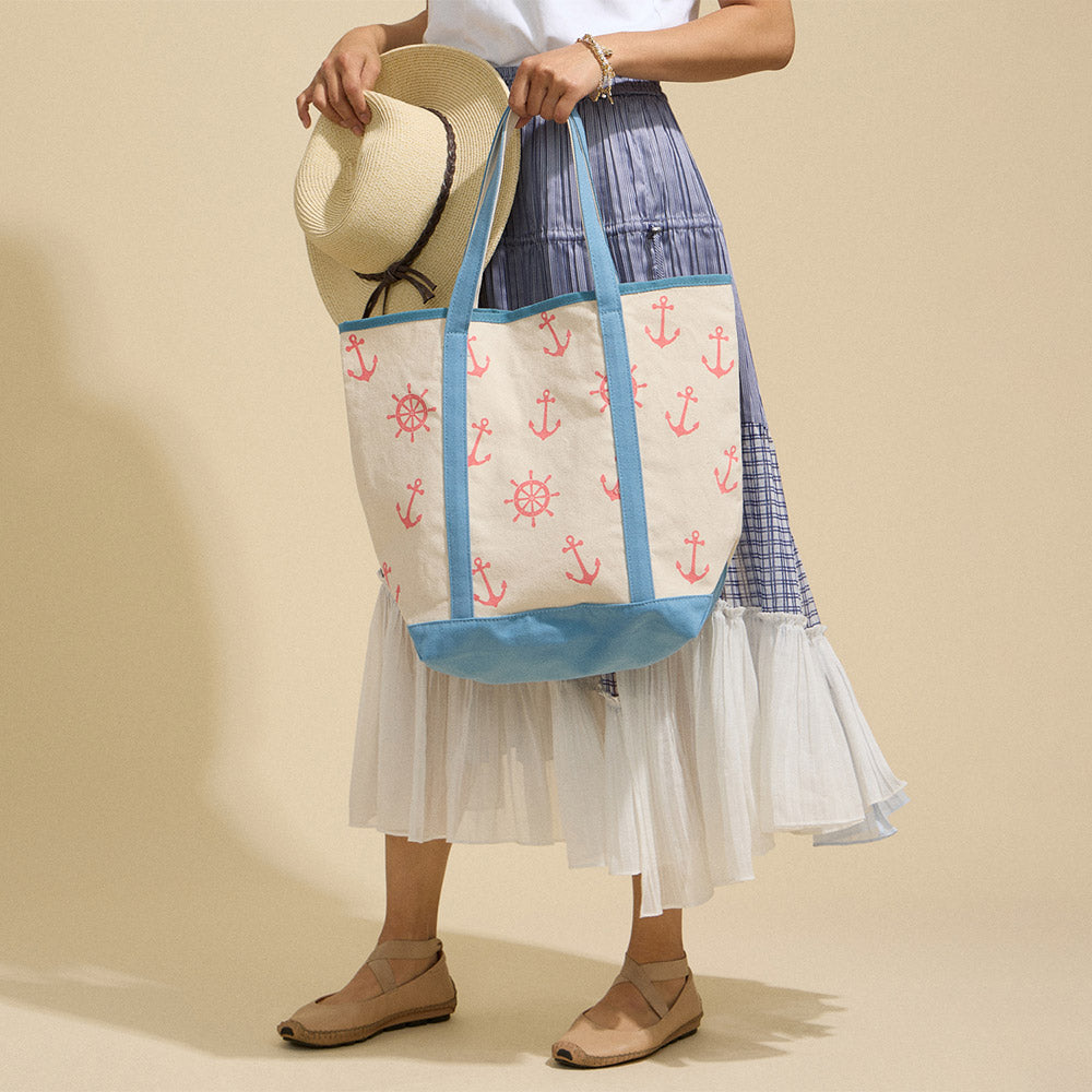 Nautical Anchor & Ships Wheel Beach Tote Bag
