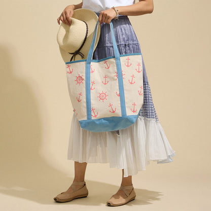 Nautical Anchor & Ships Wheel Beach Tote Bag