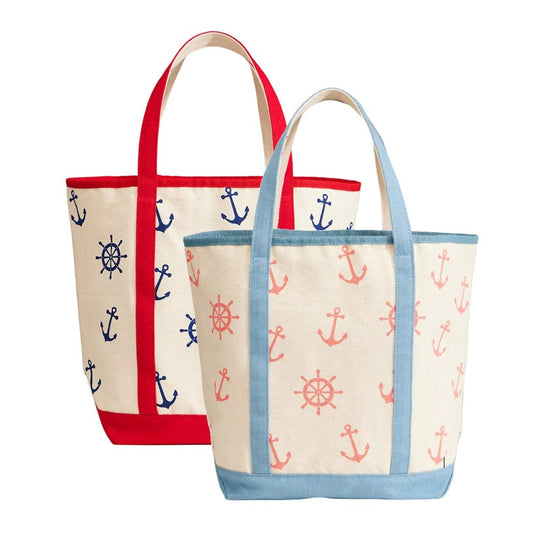 Two tote bags with nautical patterns on a white background