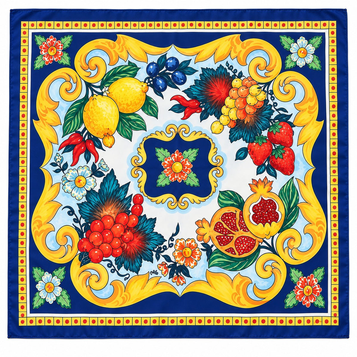 A square silk scarf featuring a vibrant Mediterranean-style print with lemons, strawberries, pomegranates, blueberries, and cherries framed by ornate gold scrollwork on a deep blue background.
