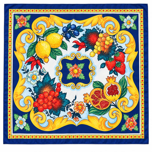A square silk scarf featuring a vibrant Mediterranean-style print with lemons, strawberries, pomegranates, blueberries, and cherries framed by ornate gold scrollwork on a deep blue background.