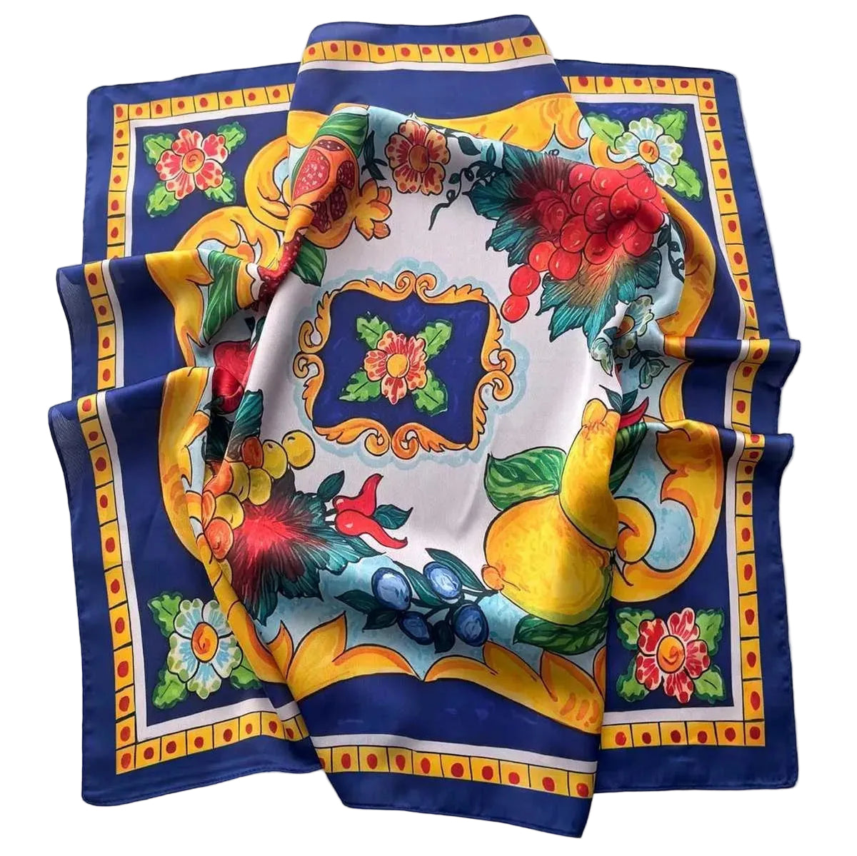 Sicilian Fruit Garden Silky Scarf features lemons, berries, grapes, pomegranates and florals with ornate golden details and a bold cobalt blue border.