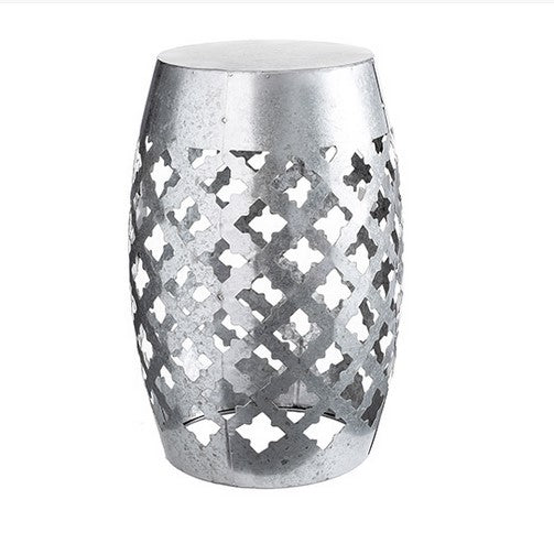 Decorative Silver Metal Garden Stool: Laser-Cut Quatrefoil