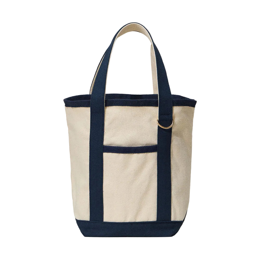 Tote bag with navy handles and trim on a white background