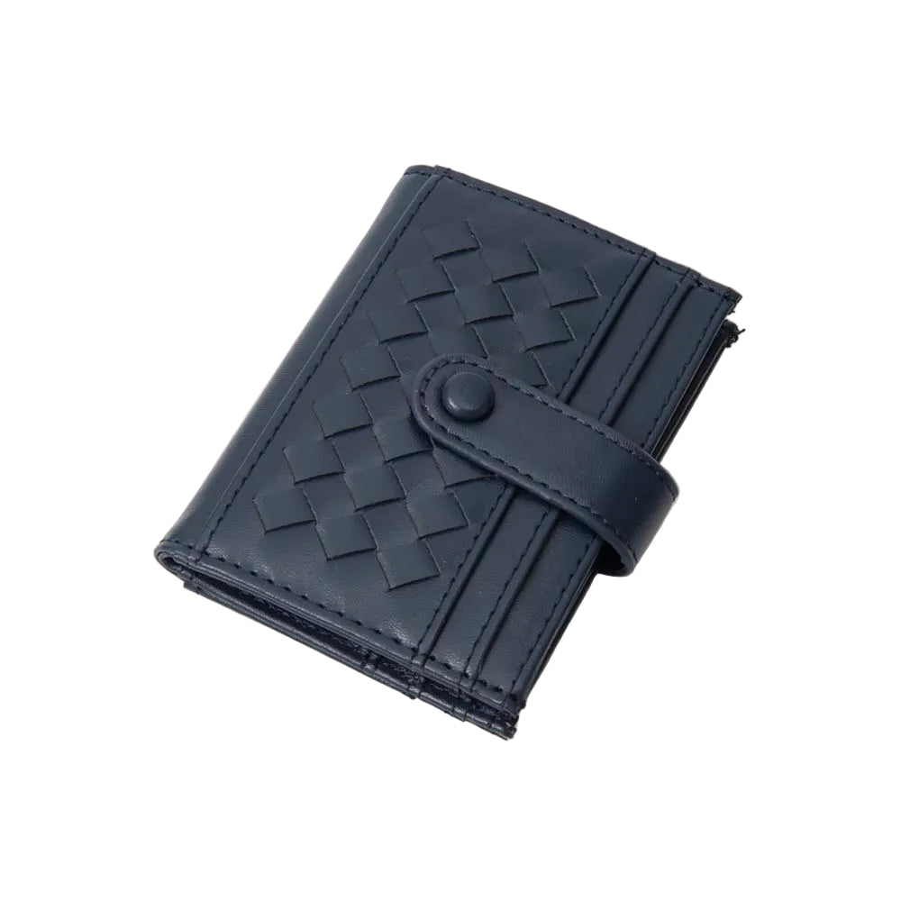 Navy blue woven wallet on a white background