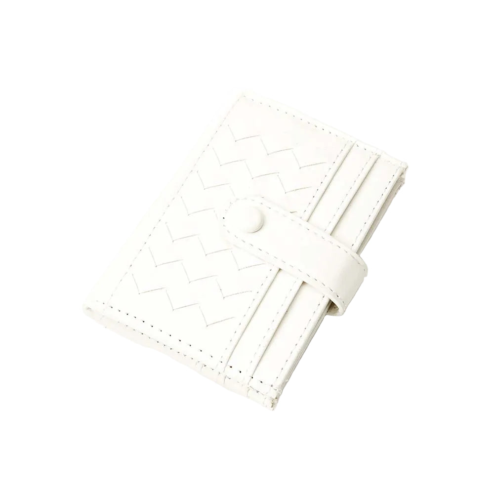 White leather wallet with a textured pattern on a white background