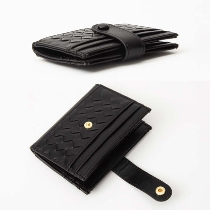 Two black woven wallets with gold accents on a white background