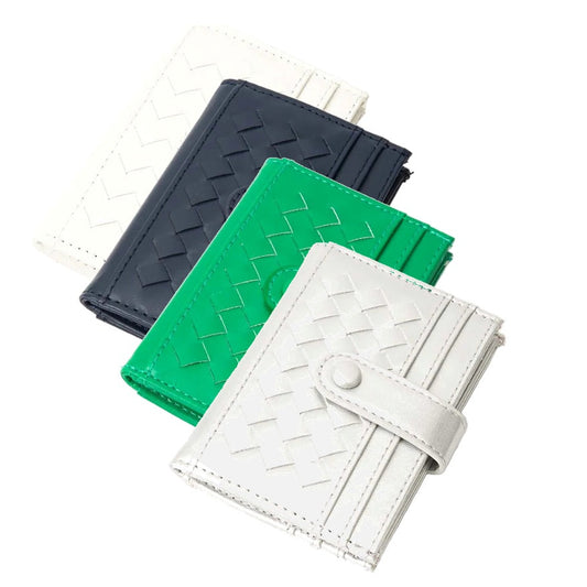 Four wallets in white, green, silver, and navy on a white background