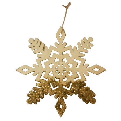 Decorative snowflake ornament with gold glitter on a white background