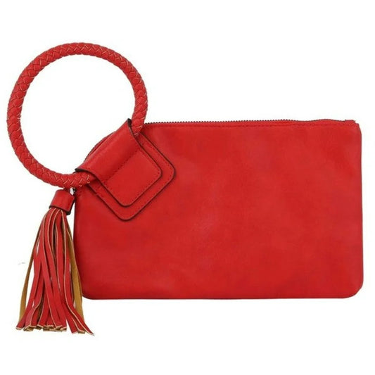 Vegan Leather Wristlet Clutch with Cuff Handle & Tassel (Red)