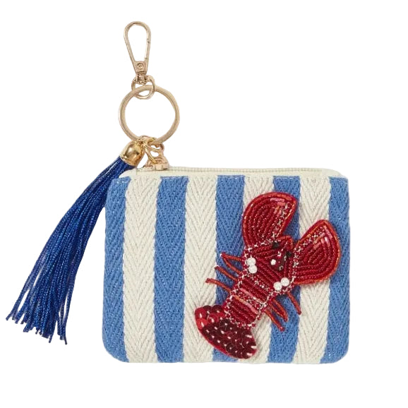 Blue and white striped nautical coin purse featuring sparkling beaded red lobster with sequins, a blue tassel, and gold-tone keychain clip.