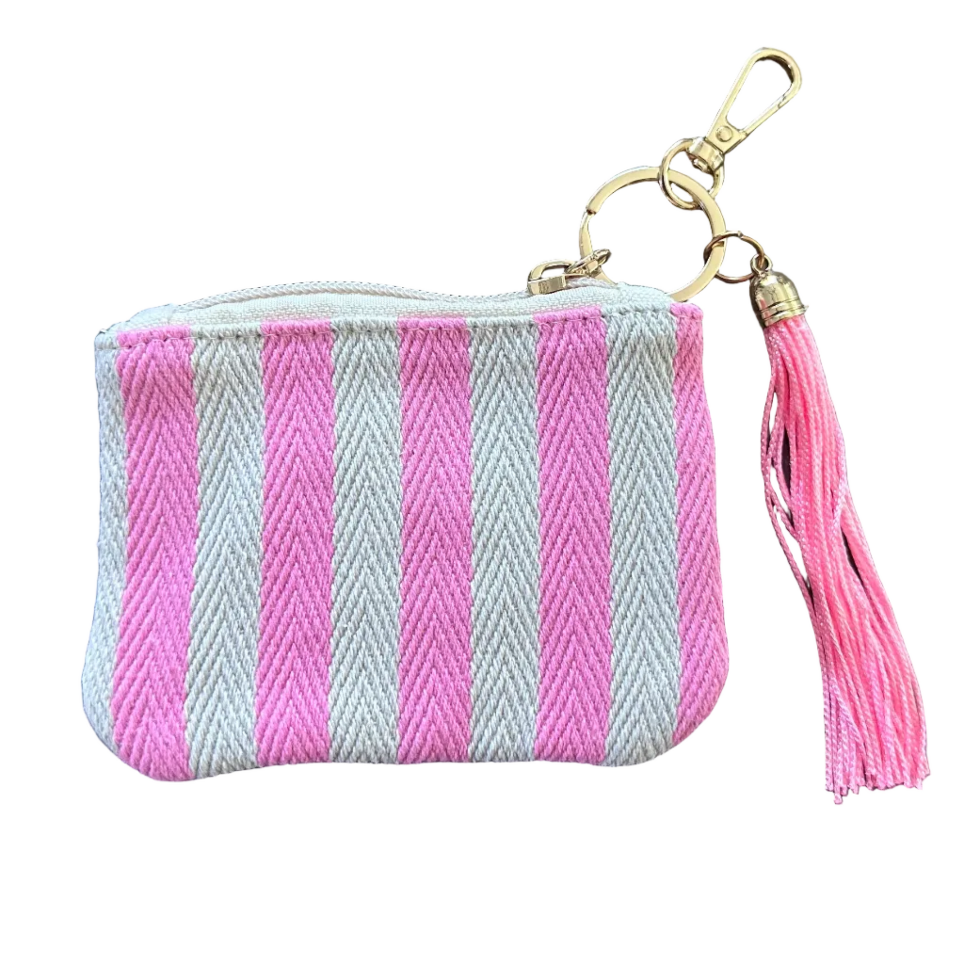 Pink and white striped cherry coin purse featuring a pink tassel, zipper closure and gold-tone keychain clip.