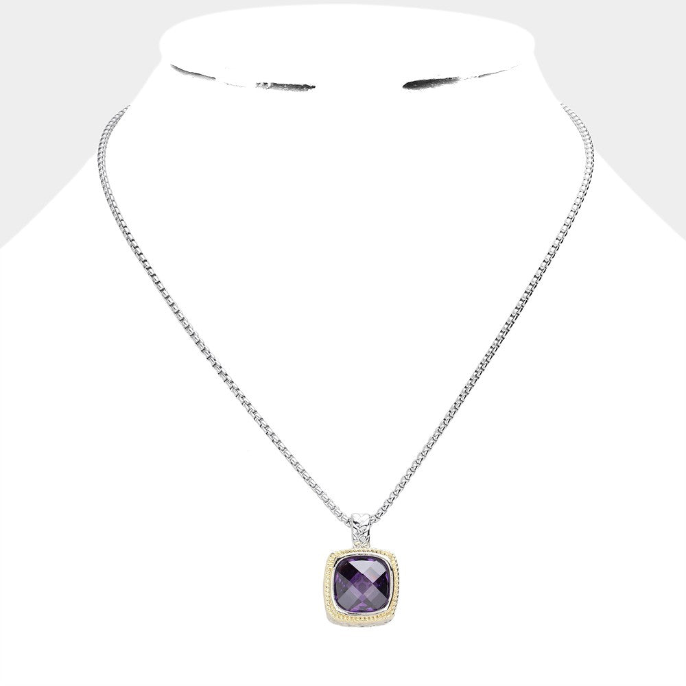 Square Purple CZ Pendant Necklace