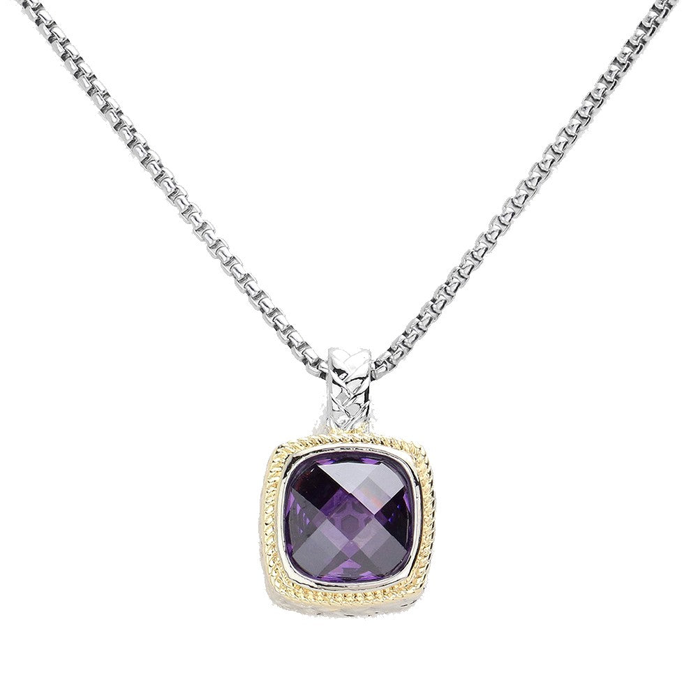 Square Purple CZ Pendant Necklace