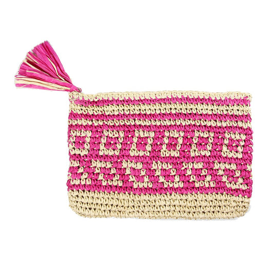 Square Pattern Paper Straw Tassel Pouch/Cosmetic/Clutch Bag Purse (Pink)