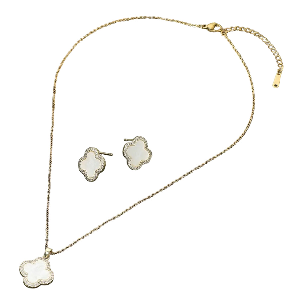Mother of Pearl Rhinestone Rim Quatrefoil Pendant Necklace and Earring Set