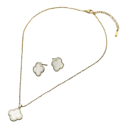 Mother of Pearl Rhinestone Rim Quatrefoil Pendant Necklace and Earring Set