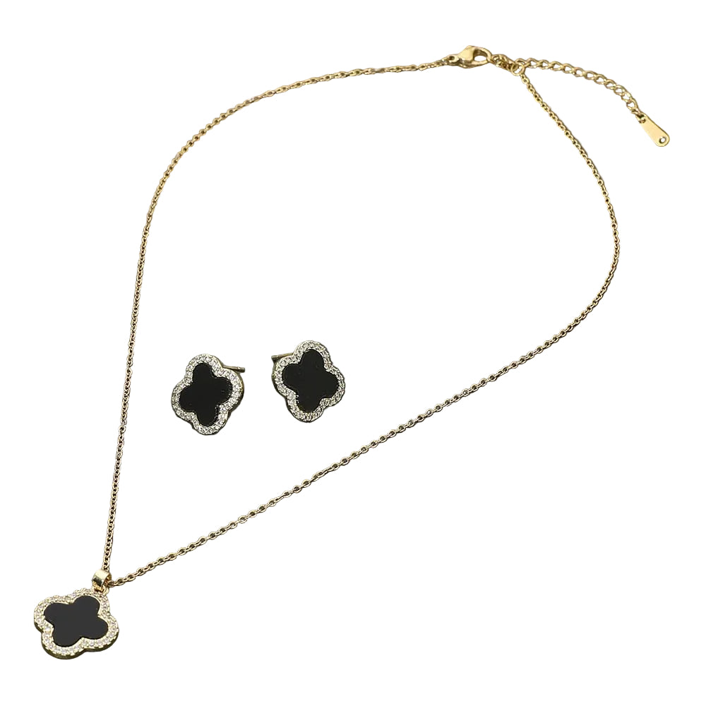 Mother of Pearl Rhinestone Rim Quatrefoil Pendant Necklace and Earring Set