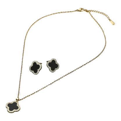 Mother of Pearl Rhinestone Rim Quatrefoil Pendant Necklace and Earring Set