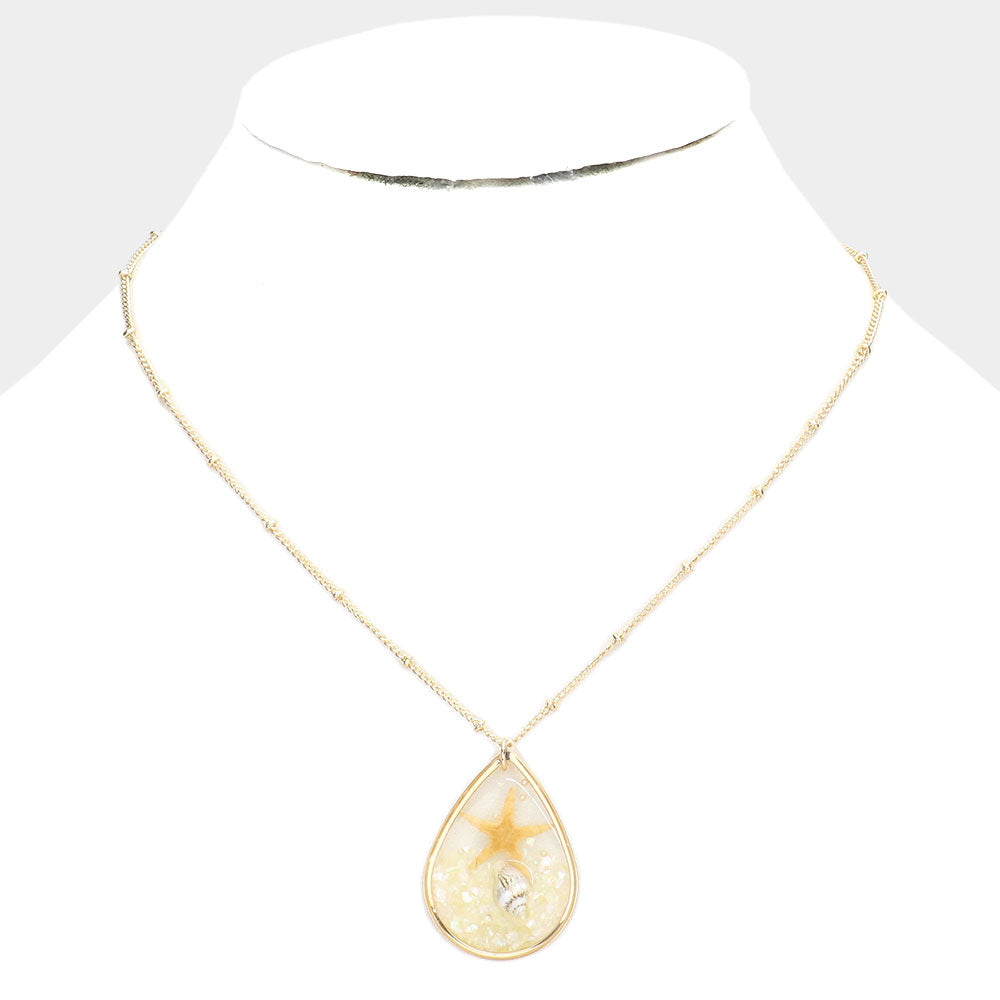 Starfish Conch Shell Accented Teardrop Pendant Necklace