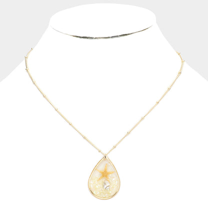 Starfish Conch Shell Accented Teardrop Pendant Necklace