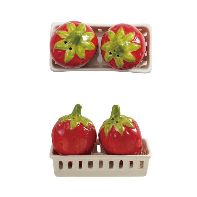 Strawberry Salt & Pepper Shakers with Berry Basket Holder