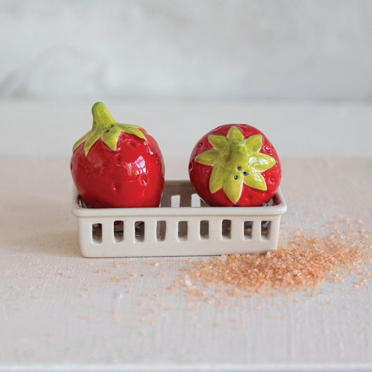 Strawberry Salt & Pepper Shakers with Berry Basket Holder