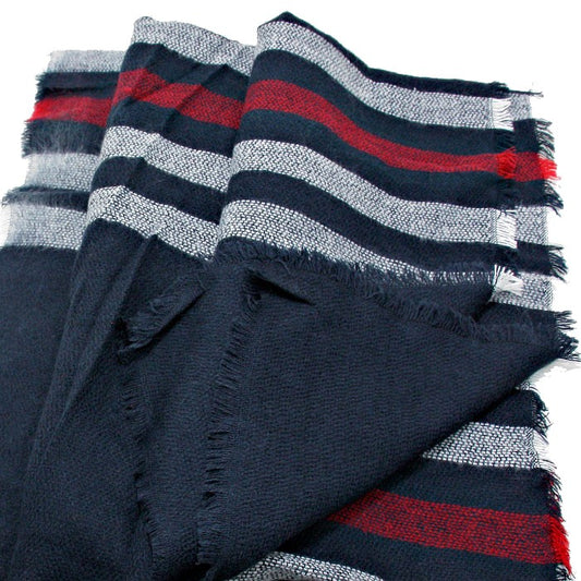 Striped Knit Shawl Scarf with Raw Fringe Trim (Navy Blue)