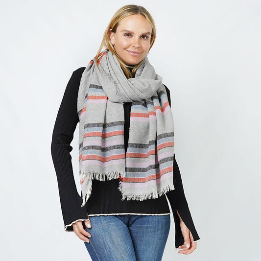 Stripe Slub Woven Oblong Scarf Wrap with Fringe (Grey, Orange, Blue, Lilac, Black)