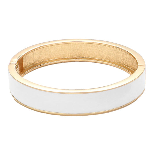 Enamel Hinged Bangle Bracelet (Thick, White, Gold)