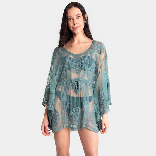 Tie Knot Closure Lace Cover-Up Kimono Poncho Shirt Blouse, Mini Dress (Mint Green)