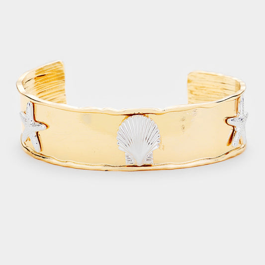 Silver & Gold Metal Shell Starfish Cuff Bracelet