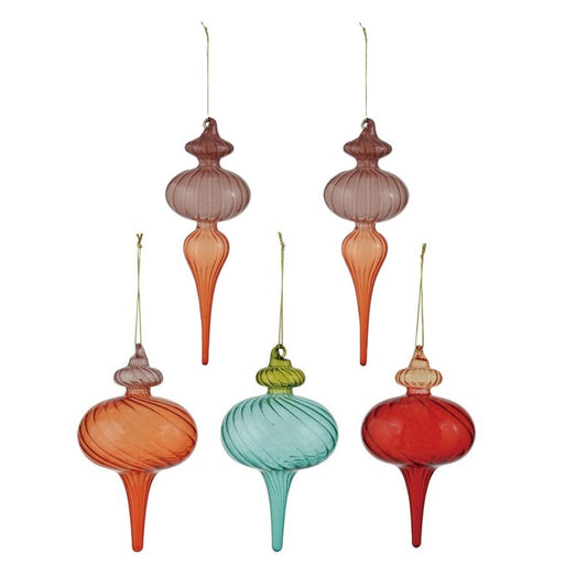 A set of colorful hand-blown glass finial ornaments displayed against a white background