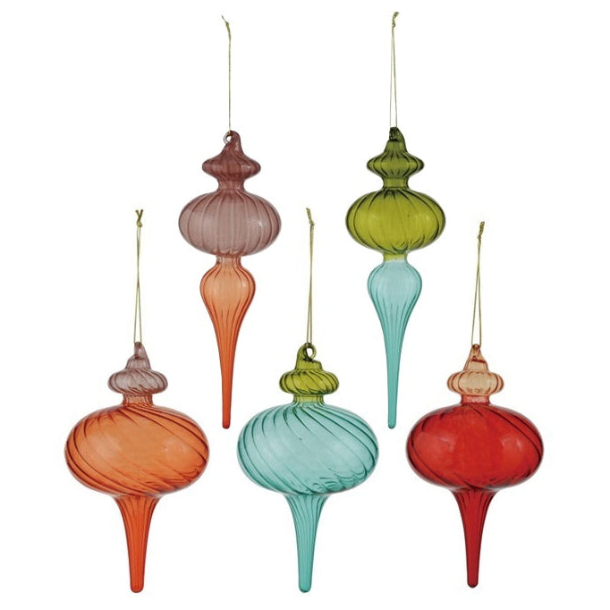 Five vintage-style glass Christmas ornaments in assorted colors including orange, red, teal, olive green, and mauve, arranged against a plain white background.