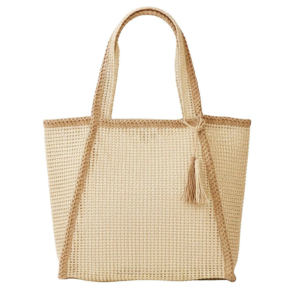 Two Tone Woven Straw Beach Tote Bag