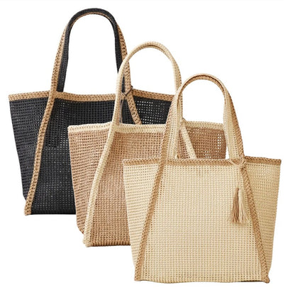 Two Tone Woven Straw Beach Tote Bag